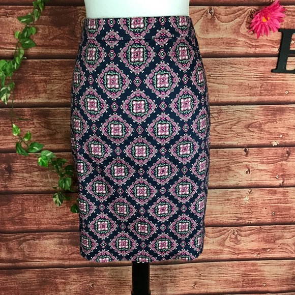 J Crew The Pencil Skirt 6 Navy Blue Pink Boho Knee